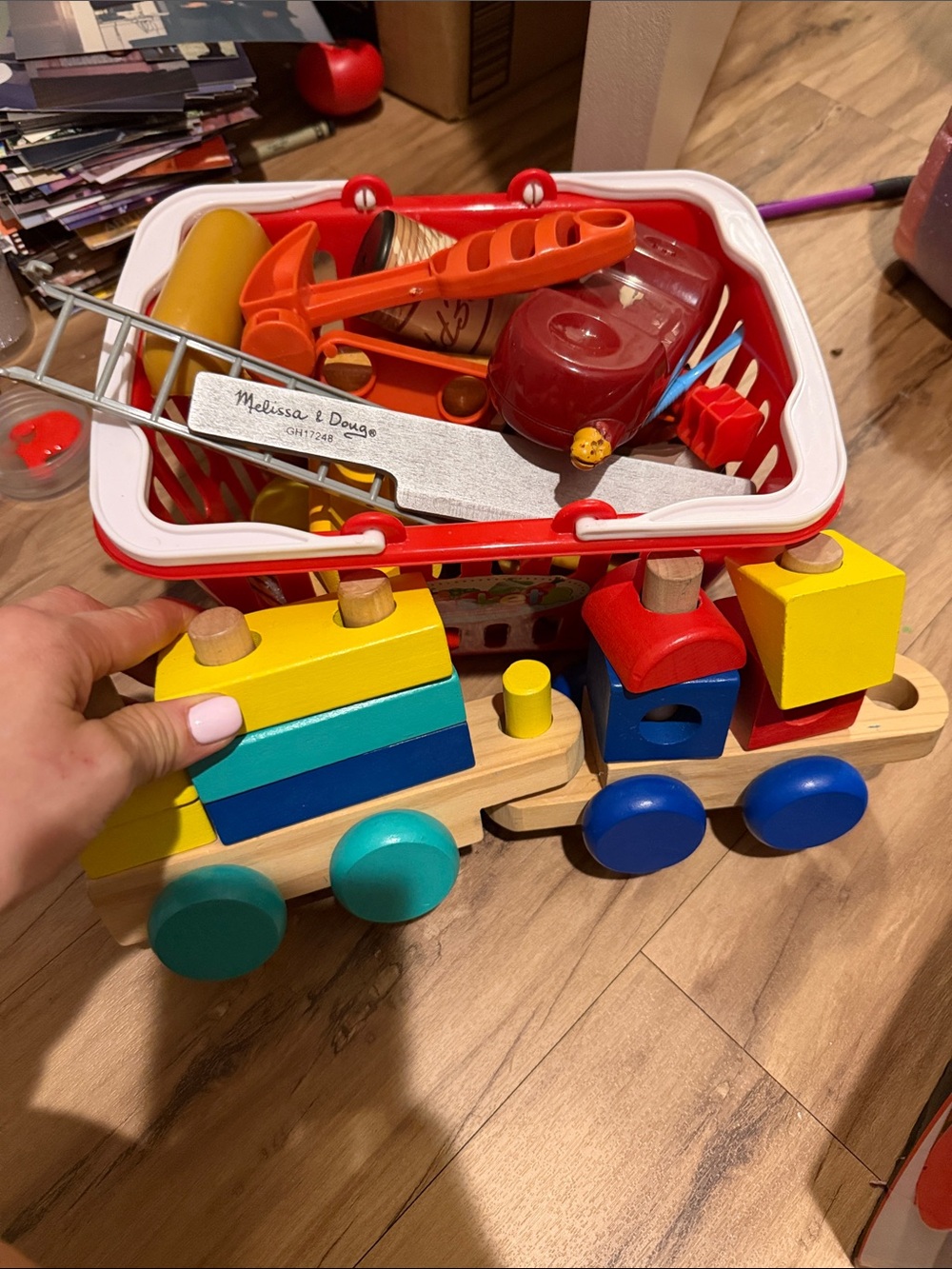 Melissa & Doug Red Toy Shopping Basket with Wooden Multicolor Train